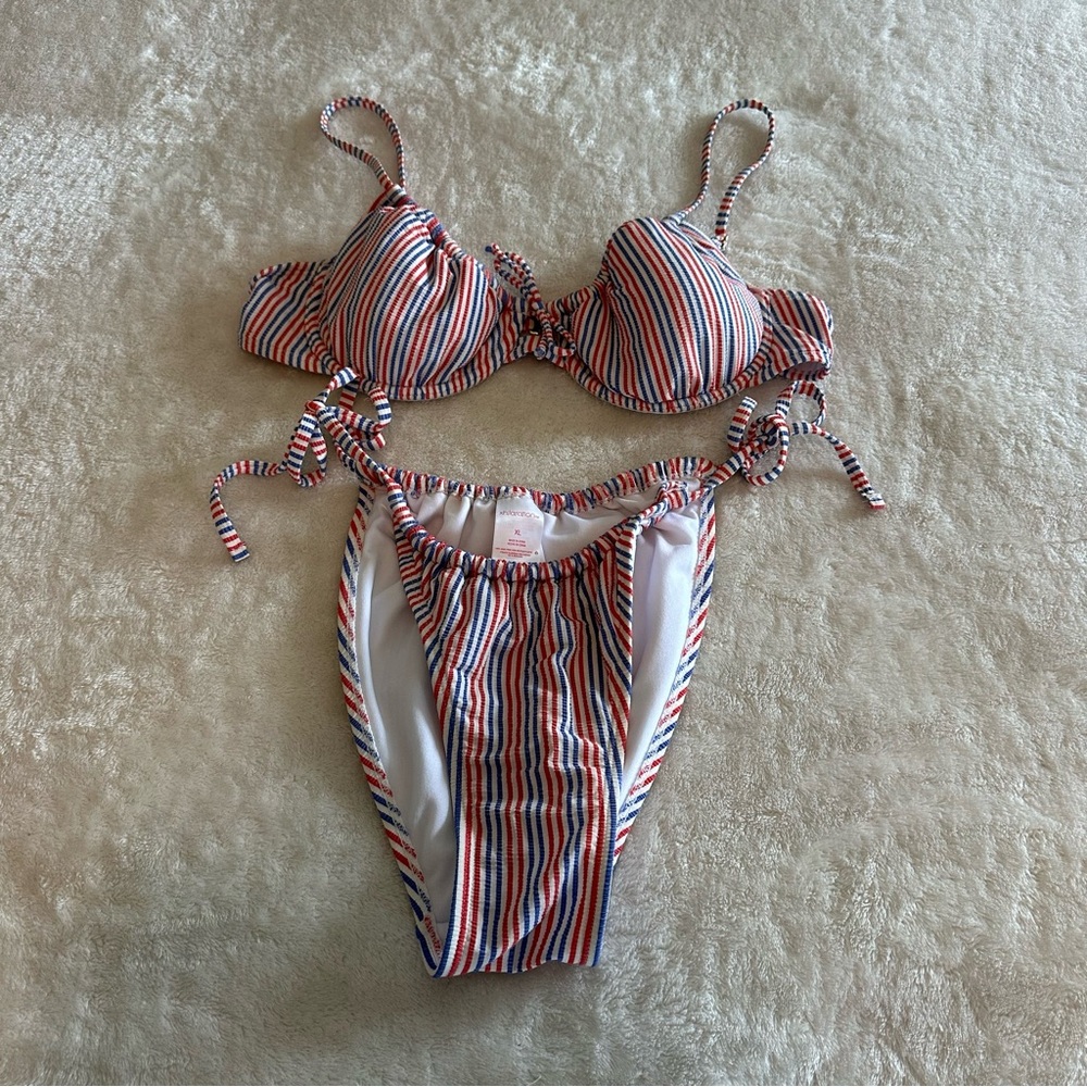 Xhilaration Red, White & Blue Striped Seersucker High Leg Bikini Set size XL